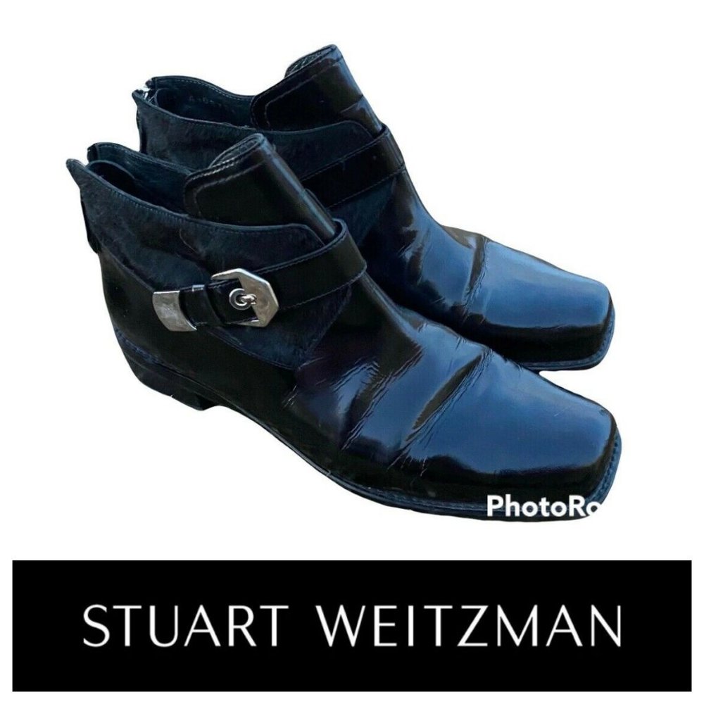 Stuart Weitzman Ankle Moto Boots Booties Sz 8.5 Patent Leather Calf Hair Black